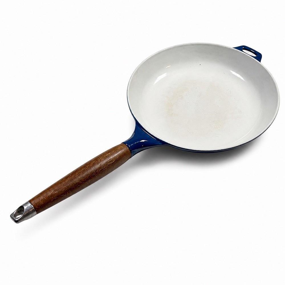 Vintage Copco Michael Lax 10" Blue Enamel Cast Iron Skillet Teak Handle MCM